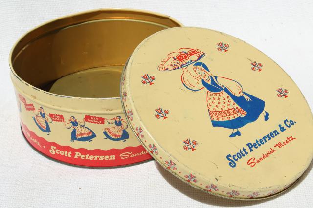 photo of vintage tin advertising Petersen Sandwich Meats, little girl in Scandinavian folk costume #1