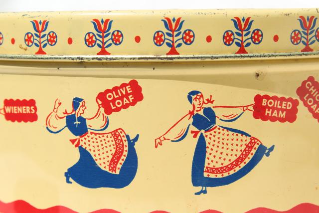 photo of vintage tin advertising Petersen Sandwich Meats, little girl in Scandinavian folk costume #2