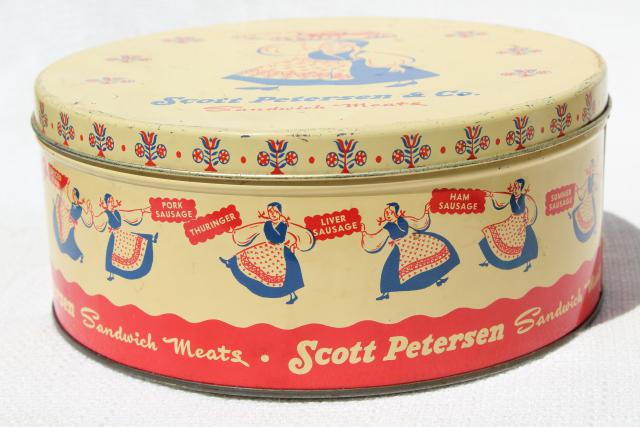 photo of vintage tin advertising Petersen Sandwich Meats, little girl in Scandinavian folk costume #3