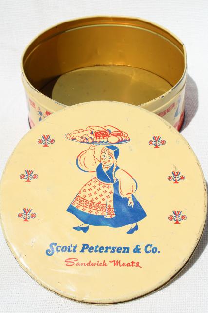 photo of vintage tin advertising Petersen Sandwich Meats, little girl in Scandinavian folk costume #4