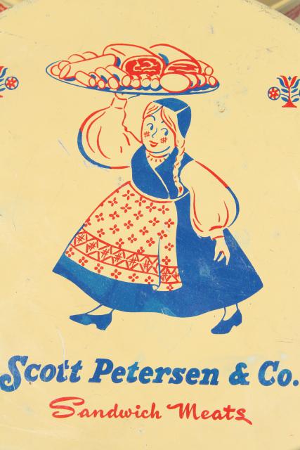 photo of vintage tin advertising Petersen Sandwich Meats, little girl in Scandinavian folk costume #5