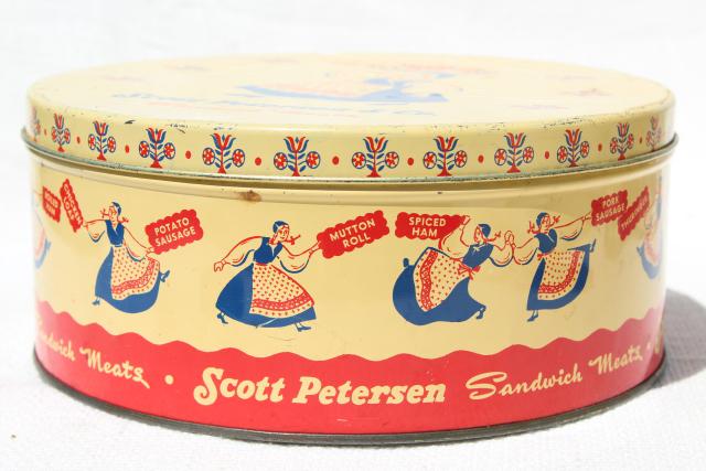 photo of vintage tin advertising Petersen Sandwich Meats, little girl in Scandinavian folk costume #8