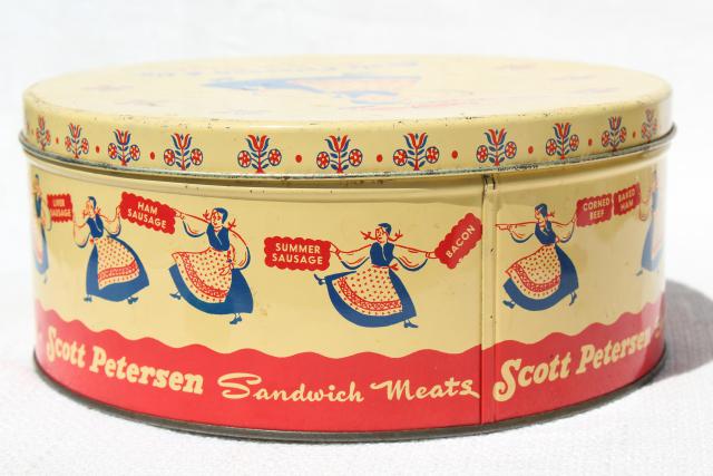 photo of vintage tin advertising Petersen Sandwich Meats, little girl in Scandinavian folk costume #9