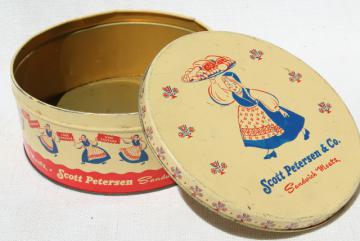 catalog photo of vintage tin advertising Petersen Sandwich Meats, little girl in Scandinavian folk costume