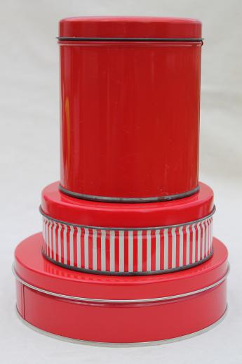 photo of vintage tin canisters, red & white peppermint striped candy & cookie tins lot #1