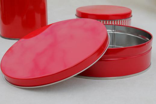 photo of vintage tin canisters, red & white peppermint striped candy & cookie tins lot #7