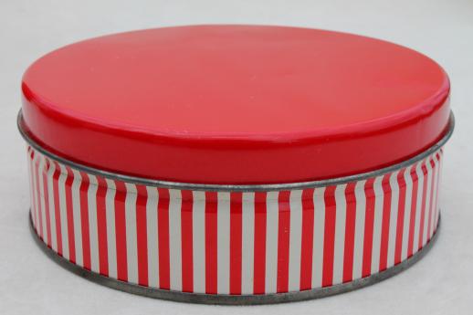 photo of vintage tin canisters, red & white peppermint striped candy & cookie tins lot #10