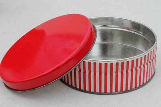 photo of vintage tin canisters, red & white peppermint striped candy & cookie tins lot #11