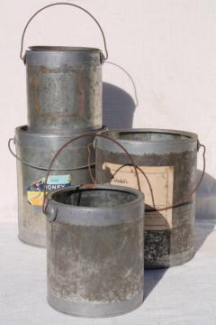 catalog photo of vintage tin cans, rustic primitive old zinc metal honey pail buckets