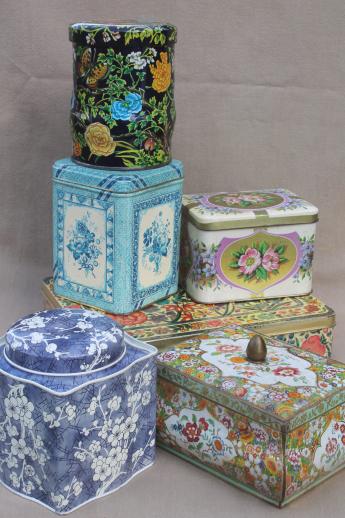 photo of vintage tin collection, lot of tea tins & candy tins w/ lovely floral prints #1