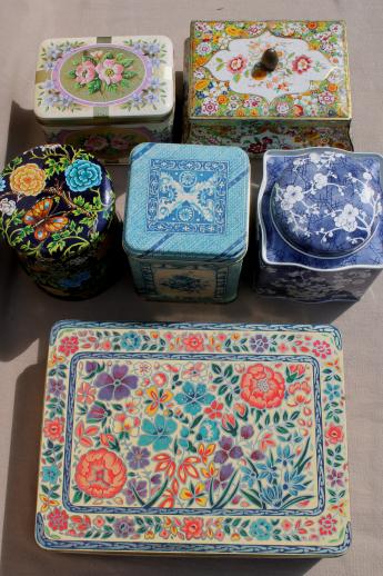 photo of vintage tin collection, lot of tea tins & candy tins w/ lovely floral prints #9