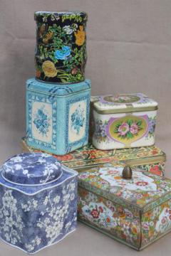 catalog photo of vintage tin collection, lot of tea tins & candy tins w/ lovely floral prints