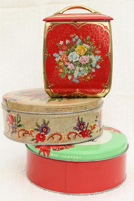 photo of vintage tin collection, pretty flowered biscuit or tea canister & round cake tins #1