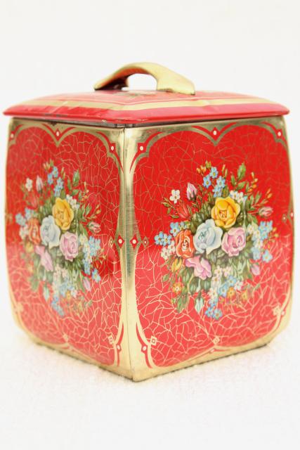 photo of vintage tin collection, pretty flowered biscuit or tea canister & round cake tins #9