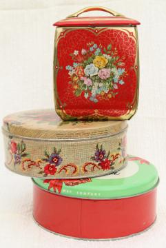 catalog photo of vintage tin collection, pretty flowered biscuit or tea canister & round cake tins