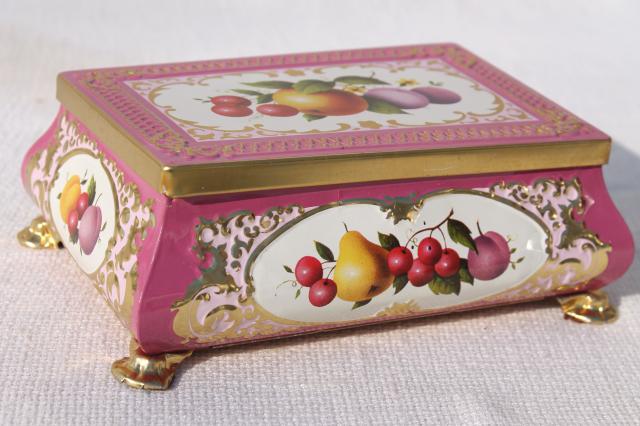 photo of vintage tin for a jewelry box or small sewing basket, fruit w/ pink and gold #1