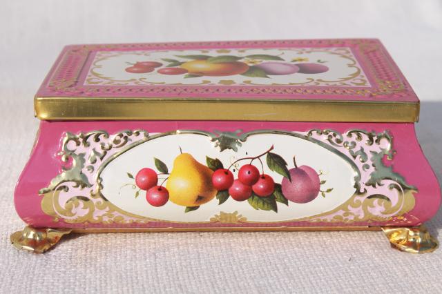 photo of vintage tin for a jewelry box or small sewing basket, fruit w/ pink and gold #2