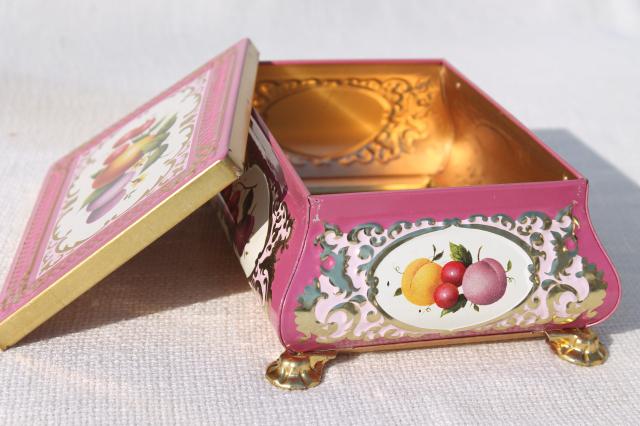 photo of vintage tin for a jewelry box or small sewing basket, fruit w/ pink and gold #3