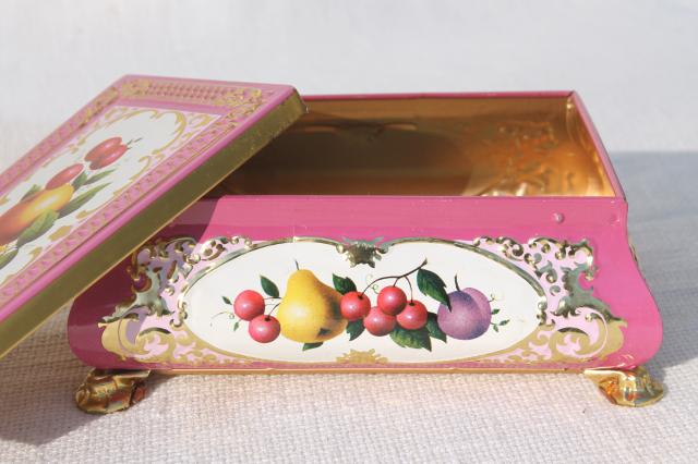 photo of vintage tin for a jewelry box or small sewing basket, fruit w/ pink and gold #4