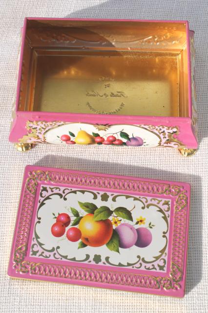 photo of vintage tin for a jewelry box or small sewing basket, fruit w/ pink and gold #5