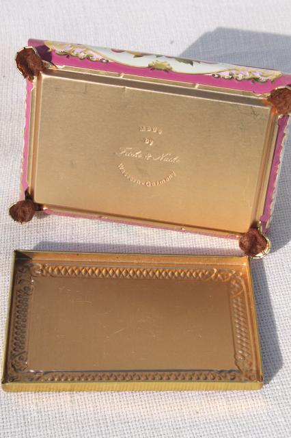 photo of vintage tin for a jewelry box or small sewing basket, fruit w/ pink and gold #6