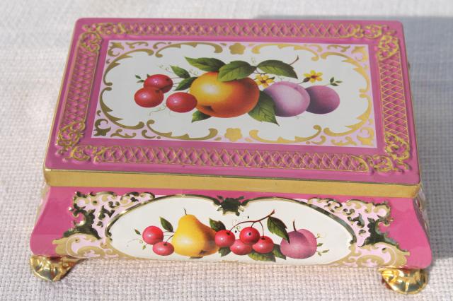 photo of vintage tin for a jewelry box or small sewing basket, fruit w/ pink and gold #7