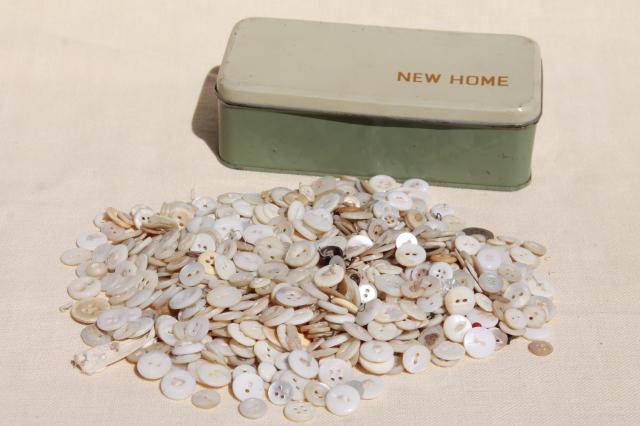 photo of vintage tin full of antique buttons, mother of pearl shell button lot #1