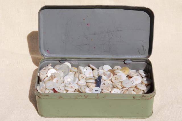 photo of vintage tin full of antique buttons, mother of pearl shell button lot #7