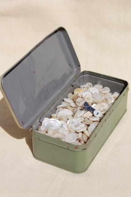 photo of vintage tin full of antique buttons, mother of pearl shell button lot #8