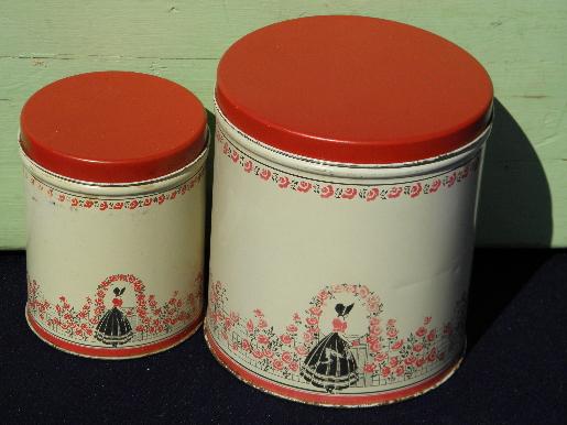 photo of vintage tin litho canisters, crinoline lady sunbonnet belle in rose arbor #1