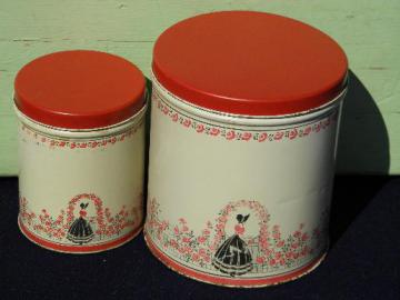 catalog photo of vintage tin litho canisters, crinoline lady sunbonnet belle in rose arbor