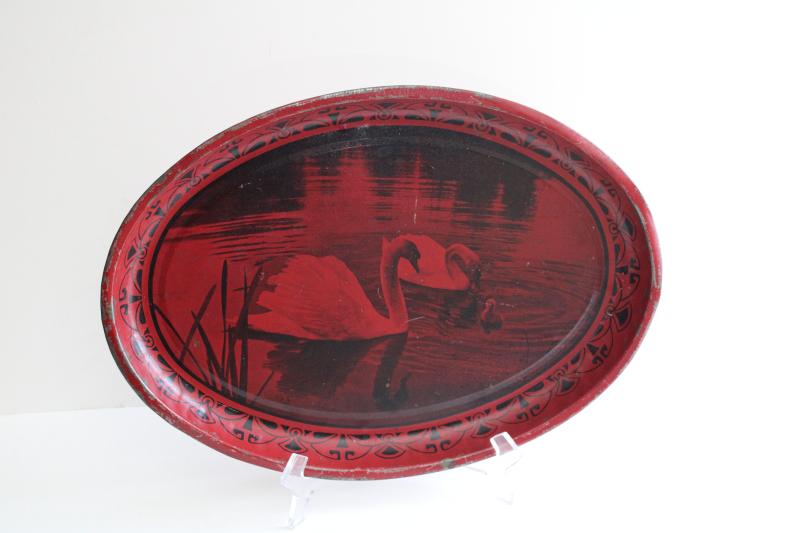 photo of vintage tin metal tray, black & red photo print, family of swans w/ baby swan #1