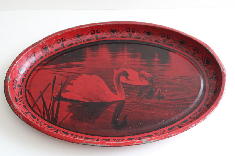 photo of vintage tin metal tray, black & red photo print, family of swans w/ baby swan #3