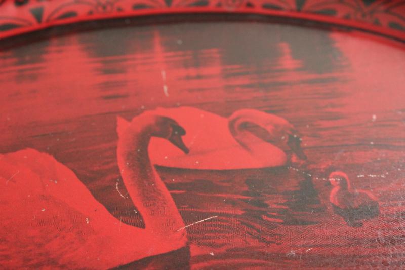 photo of vintage tin metal tray, black & red photo print, family of swans w/ baby swan #4