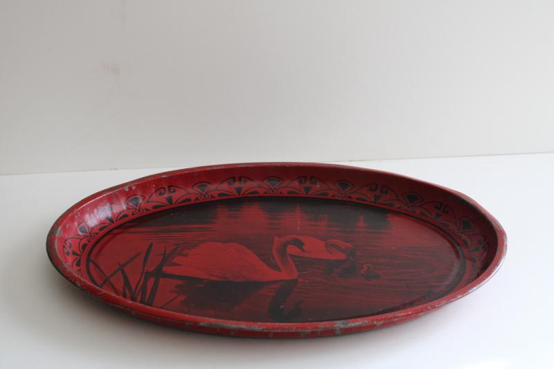 photo of vintage tin metal tray, black & red photo print, family of swans w/ baby swan #7