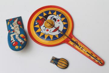 catalog photo of vintage tin noisemakers lot, clown litho print metal clicker & clapping gong drum