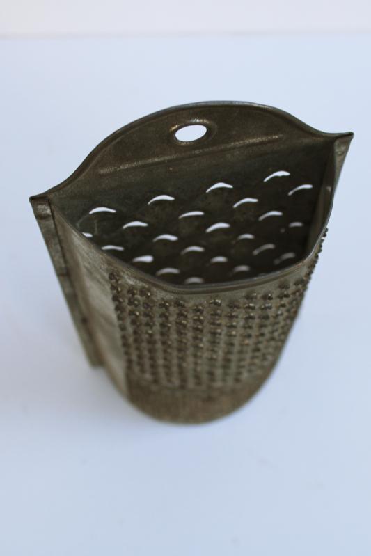 photo of vintage tin nutmeg grater, primitive rustic old kitchen tool wall hanging #4