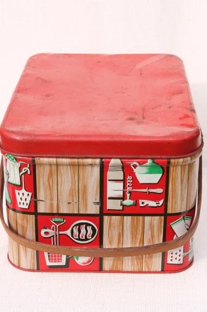 photo of vintage tin picnic basket hamper w/ wood handles, Decoware kitchen ware litho print #5