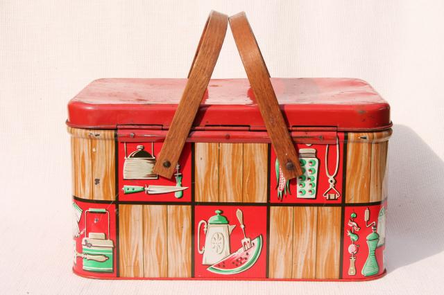 photo of vintage tin picnic basket hamper w/ wood handles, Decoware kitchen ware litho print #6