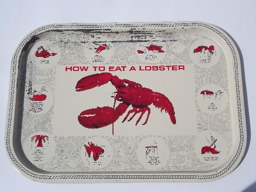 photo of vintage tin serving tray How to Eat a Lobster, red lobsters on white #1