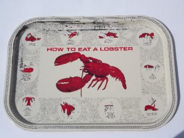 catalog photo of vintage tin serving tray How to Eat a Lobster, red lobsters on white