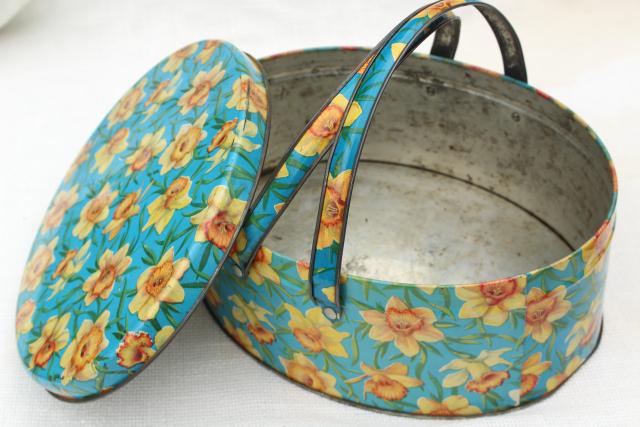 photo of vintage tin sewing basket, print yellow daffodils on aqua, oval candy box w/ handle #1