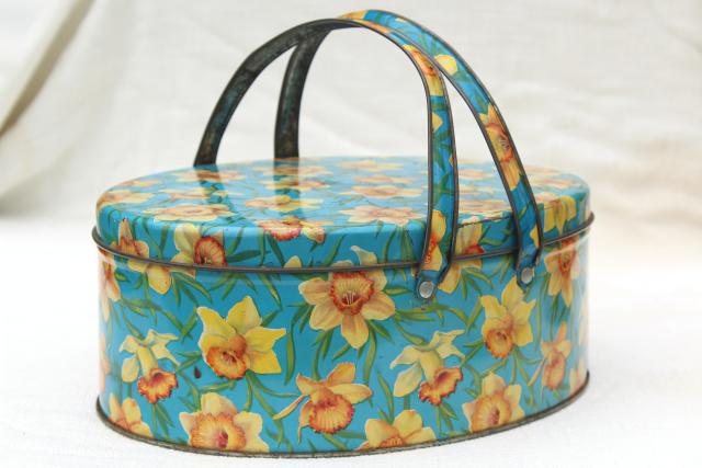 photo of vintage tin sewing basket, print yellow daffodils on aqua, oval candy box w/ handle #3