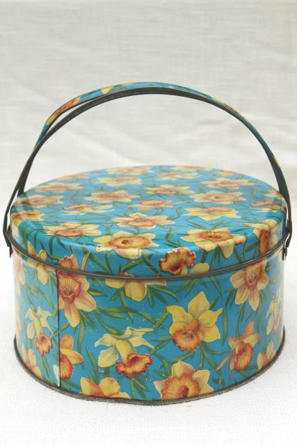 photo of vintage tin sewing basket, print yellow daffodils on aqua, oval candy box w/ handle #5