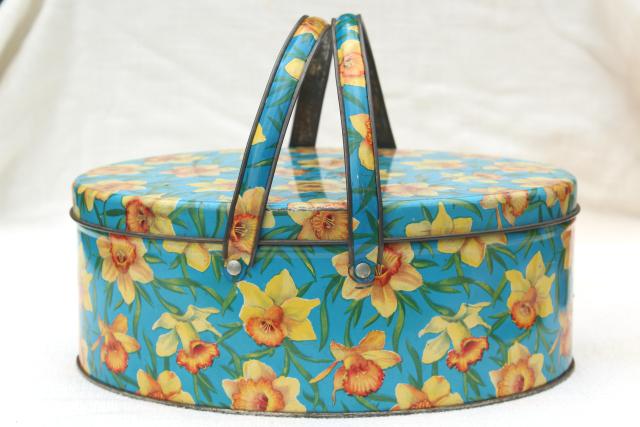 photo of vintage tin sewing basket, print yellow daffodils on aqua, oval candy box w/ handle #6