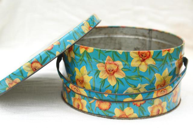 photo of vintage tin sewing basket, print yellow daffodils on aqua, oval candy box w/ handle #7