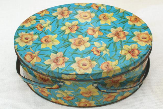 photo of vintage tin sewing basket, print yellow daffodils on aqua, oval candy box w/ handle #8