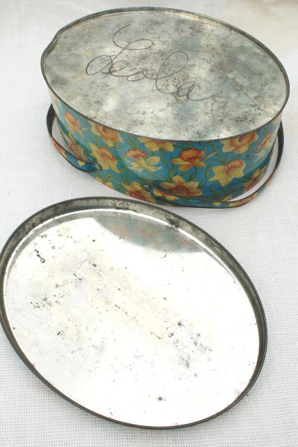 photo of vintage tin sewing basket, print yellow daffodils on aqua, oval candy box w/ handle #10