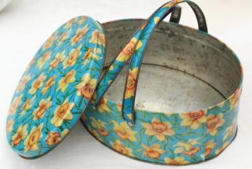 catalog photo of vintage tin sewing basket, print yellow daffodils on aqua, oval candy box w/ handle