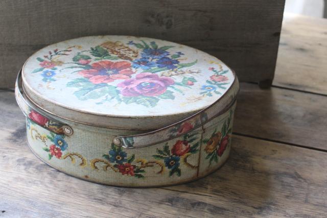 photo of vintage tin sewing box, floral needlepoint print oval metal picnic basket w/ handles #1